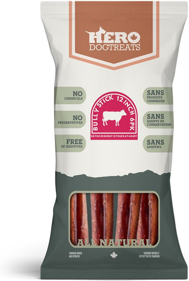 Hero Dehydrated Dog Treats - Bully Stick 12-inch 6PK